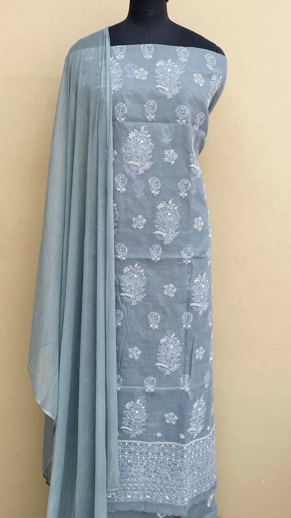 Lucknowi Chikankari Suit Length 3 Piece Gray Cotton