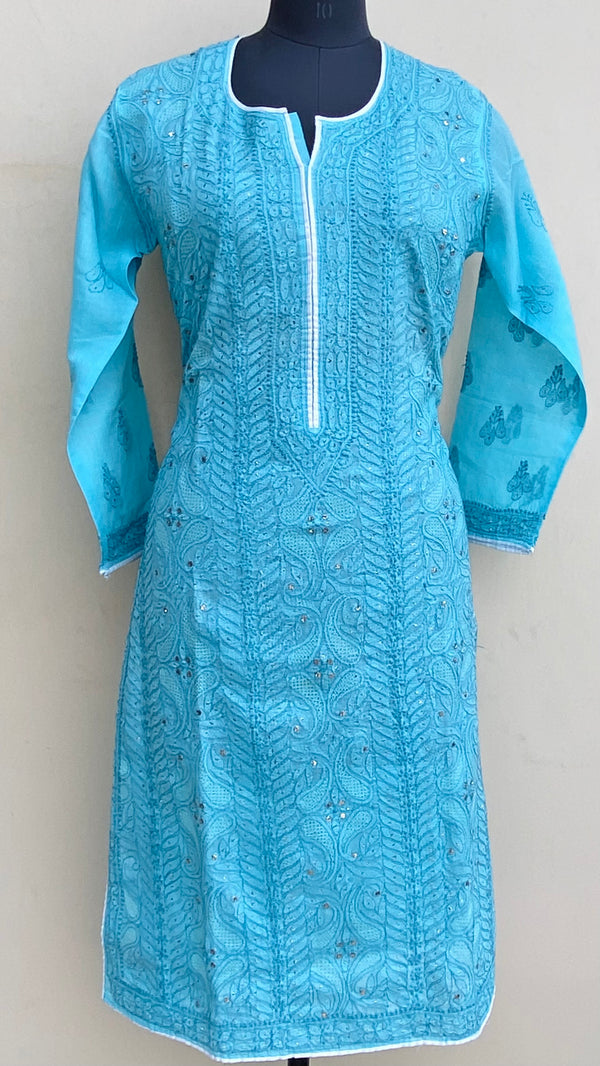 Lucknowi Chikankari Kurti Blue Cotton With Jaali & Mukaish Work