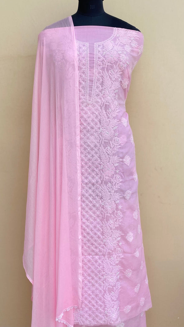 Lucknowi Chikankari Suit Length 3 Piece Pink Cotton