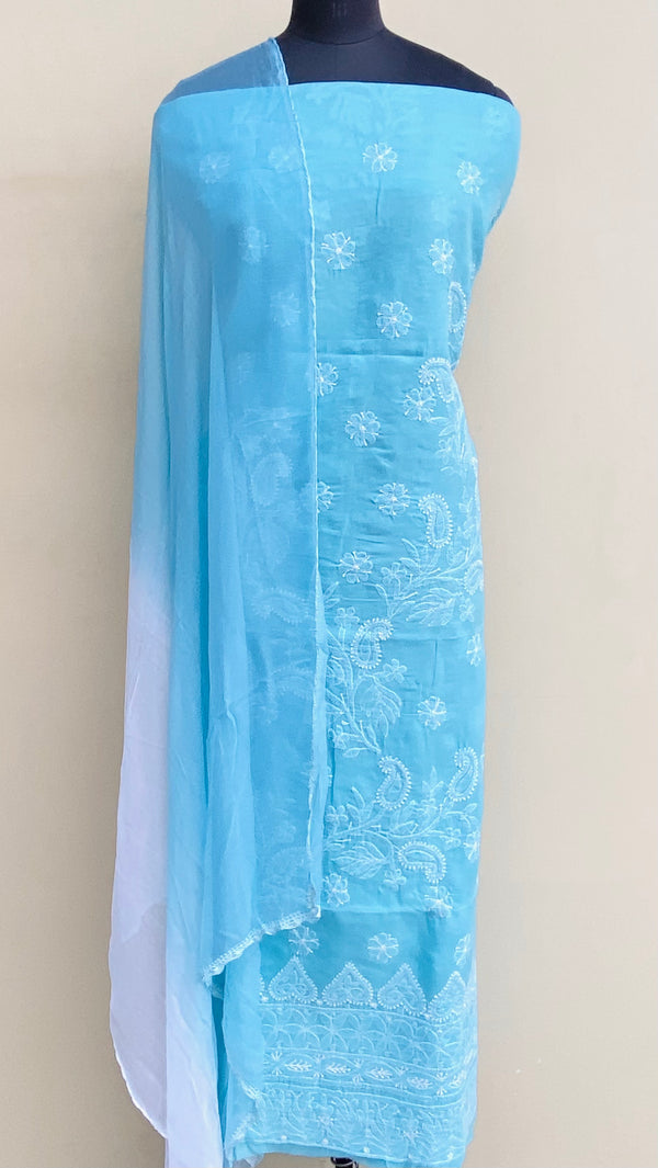 Lucknowi Chikankari Suit Length 3 Piece Blue Cotton