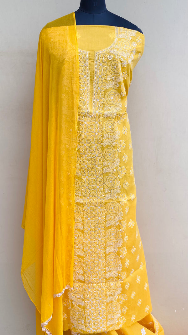 Luchnowi Chikankari Suit Length 3 Piece Yellow Cotton