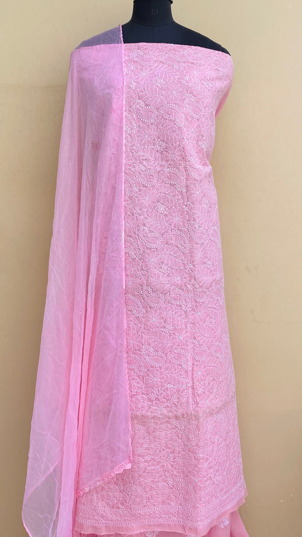 Lucknowi Chikankari Suit Length 3 Piece Pink Cotton