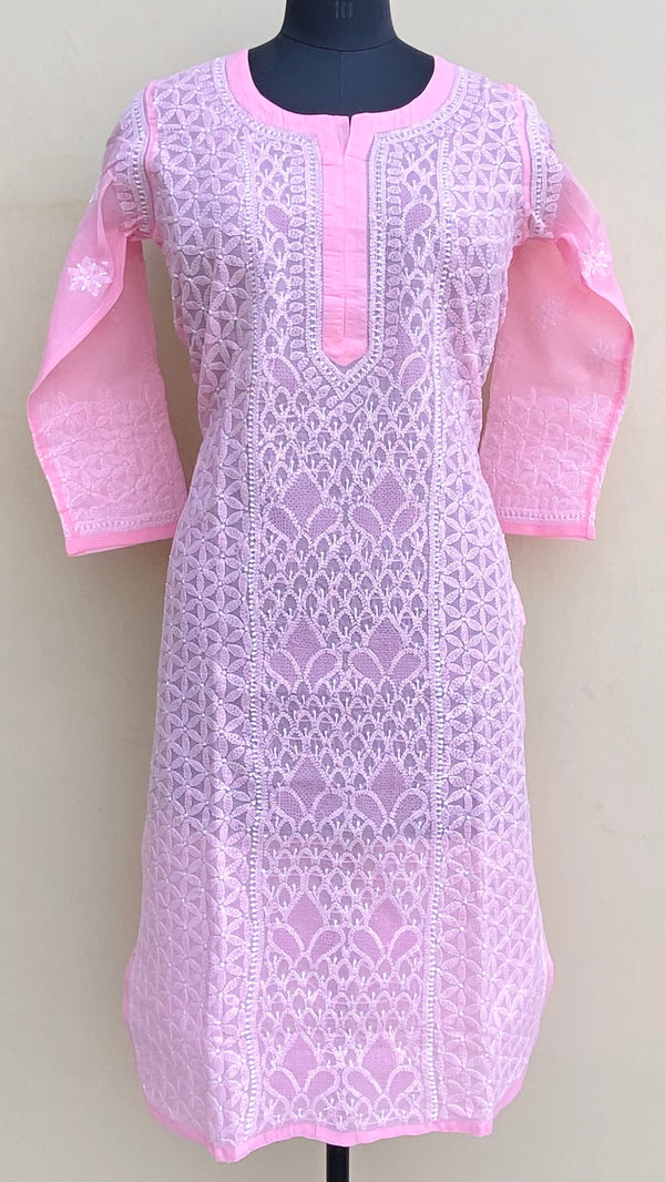 Lucknowi Chikankari Kurti Pink Cotton With Jaali Work