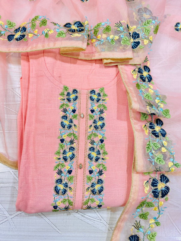 Designer Embroidered Suit Length 3 Piece Peach Mal Cotton