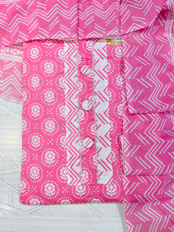 Designer Suit Length 3 Piece Pink Mal Cotton