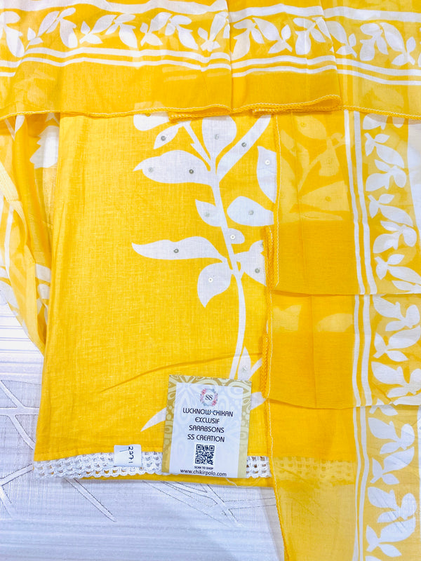 Designer Embroidered Suit Length 3 Piece Yellow Mal Cotton