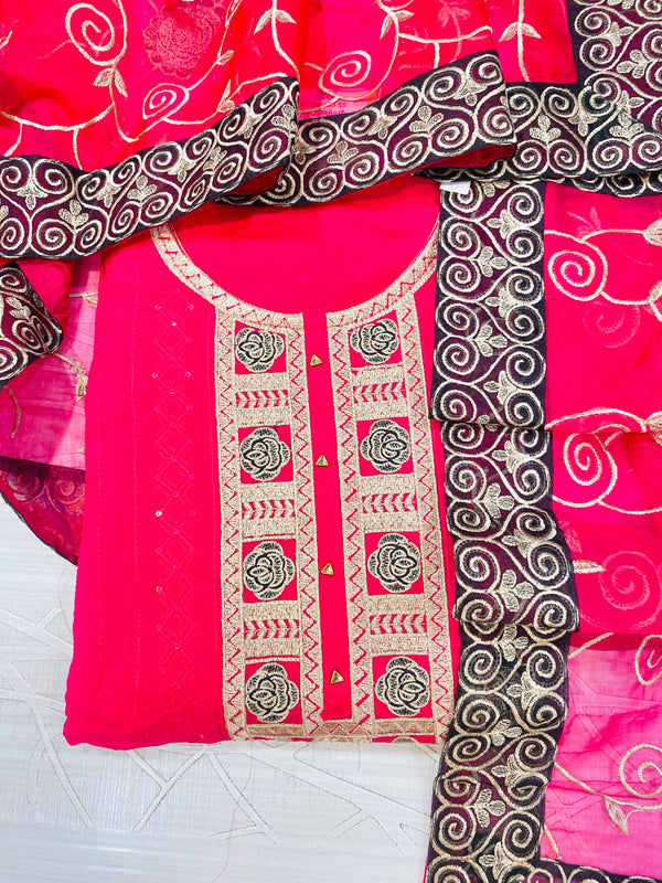 Designer Embroidered Suit Length 3 Piece Rani Pink Organza