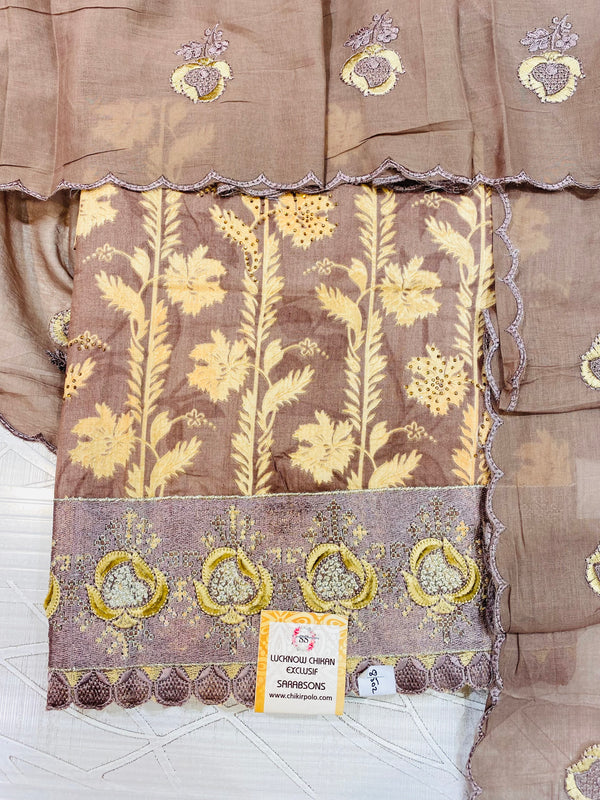 Designer Embroidered Suit Length 3 Piece Brown Mal Cotton