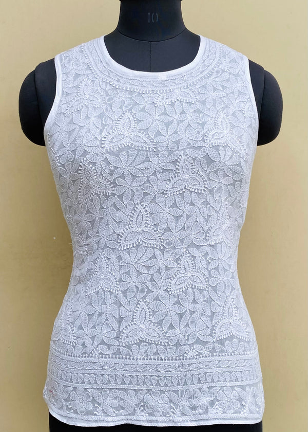 Lucknowi Chikankari Sleeveless Short Kurti White Mulmul Cotton