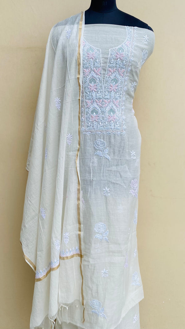 Lucknowi Chikankari Suit Length 2 Peice Off White Mal Chanderi with Cutdana & Sequence Work