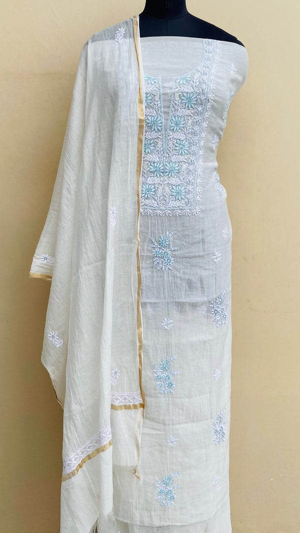 Lucknowi Chikankari Suit Length 2 Peice Off White Mal Chanderi with Cutdana & Sequence Work