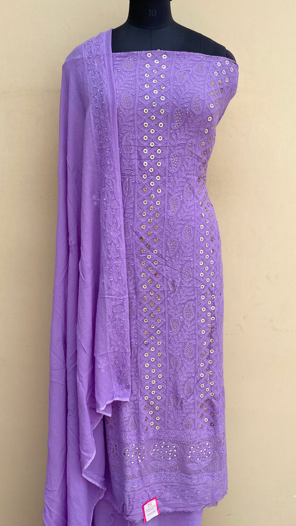 Lucknowi Chikankari Suit Length 2 Piece Purple Pure Georgette With Mukaish Work