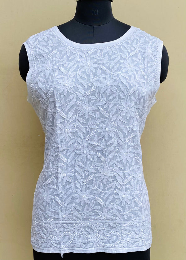 Lucknowi Chikankari Sleeveless Short Kurti White Mulmul Cotton