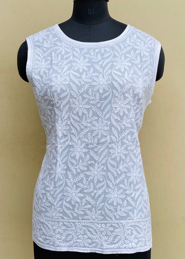 Lucknowi Chikankari Sleeveless Short Kurti White Mulmul Cotton