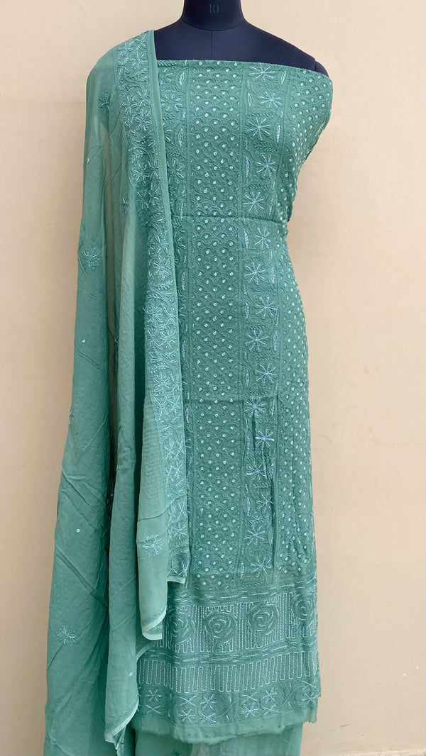 Lucknowi Chikankari Suit Length 2 Piece Teal Green Pure Georgette With Cutdana Work