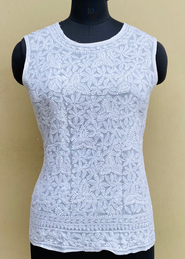 Lucknowi Chikankari Sleeveless Short Kurti White Mulmul Cotton