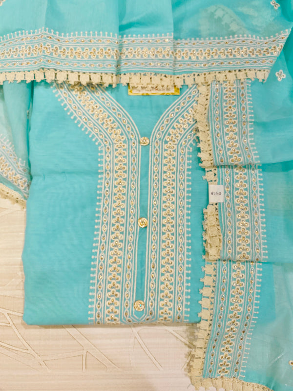 Designer Embroidered Suit Length 3 Piece Sea Green Chanderi Cotton