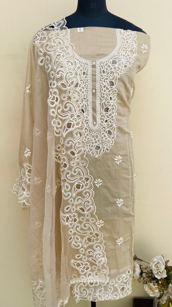 Designer Embroidered Suit Length 3 Piece Beige Chanderi Cotton