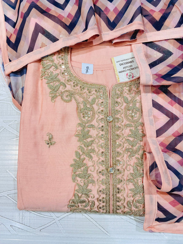 Designer Embroidered Suit Length 3 Piece Peach Mal Cotton