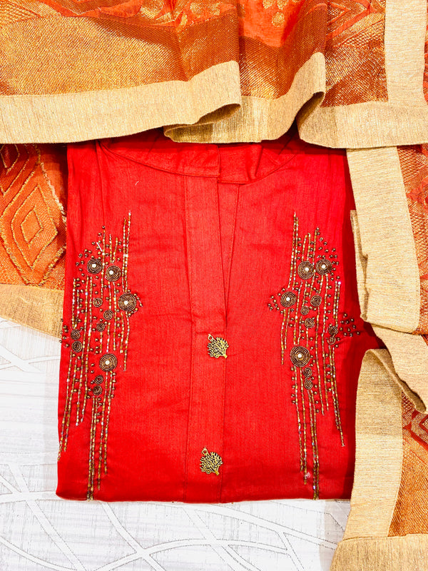 Designer Embroidered Suit Length 3 Piece Rust Mal Cotton