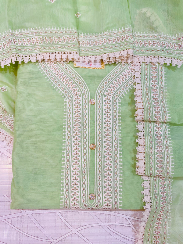 Designer Embroidered Suit Length 3 Piece Green Chanderi Cotton