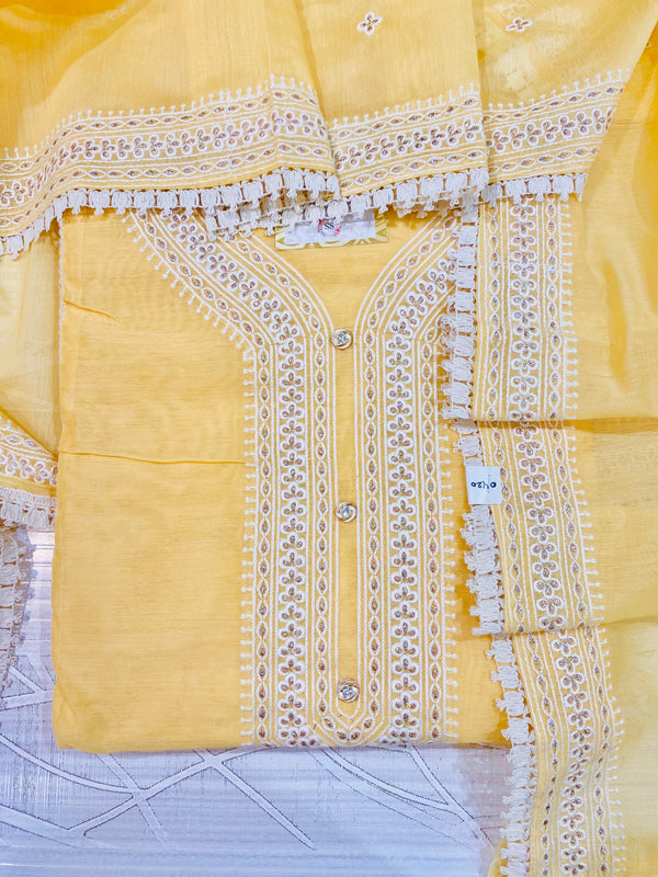 Designer Embroidered Suit Length 3 Piece Yellow Chanderi Cotton