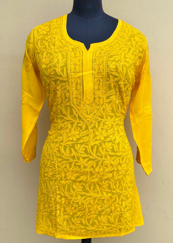 Lucknowi Chikankari Short Kurti Yellow Pure Georgette With Resham Work