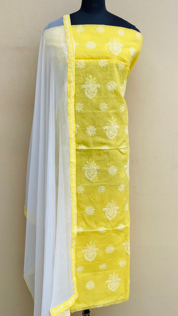 Lucknowi Chikankari Suit Length 3 Piece Yellow Cotton