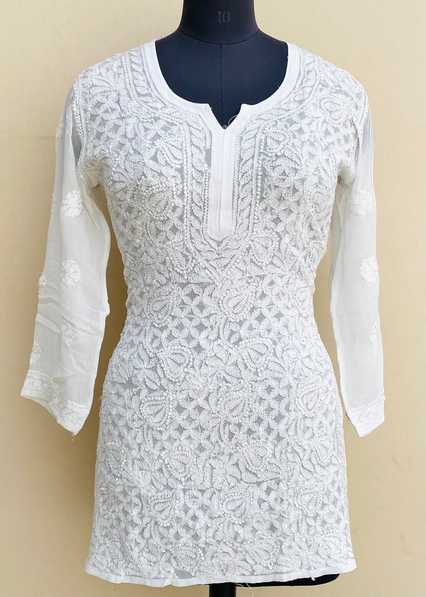 Lucknowi Chikankari Kurti White Pure Georgette With Resham Work