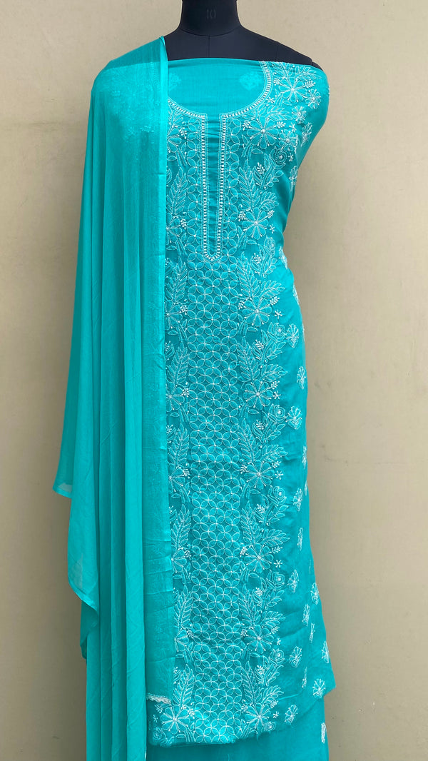 Lucknowi Chikankari Suit Length 3 Piece Sea Green Mulmul Cotton