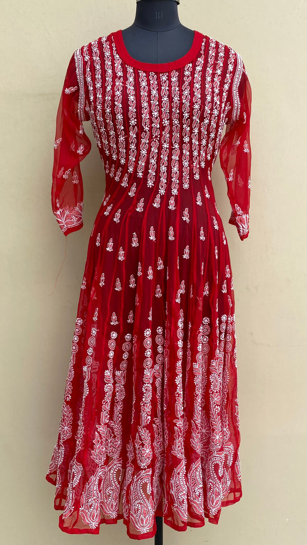 Lucknowi Chikankari Anarkali Kurti Red Georgette