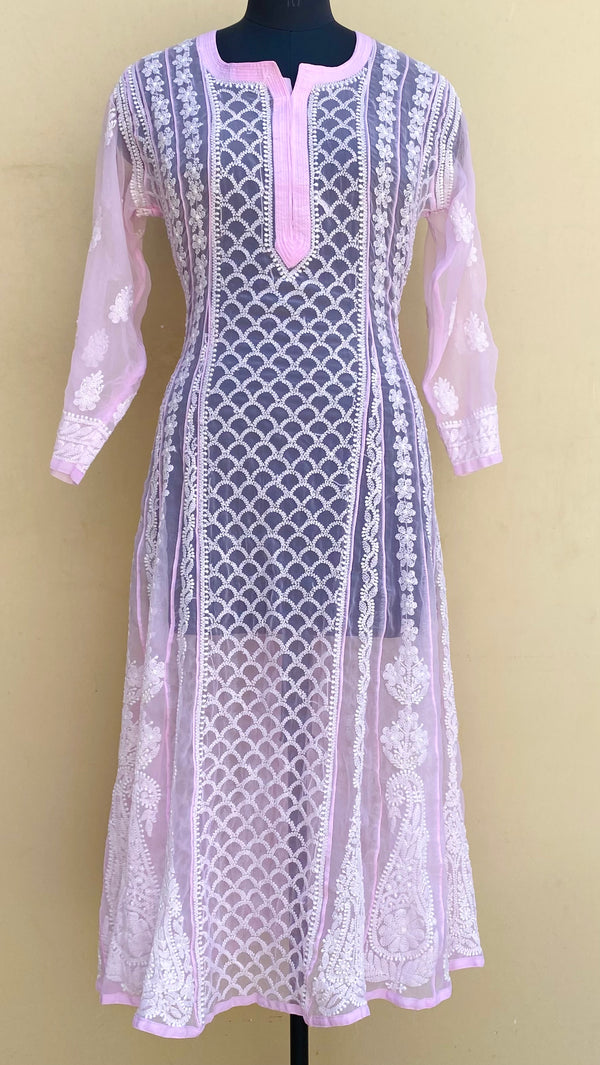 Lucknowi Chikankari Anarkali Kurti Pink Georgette