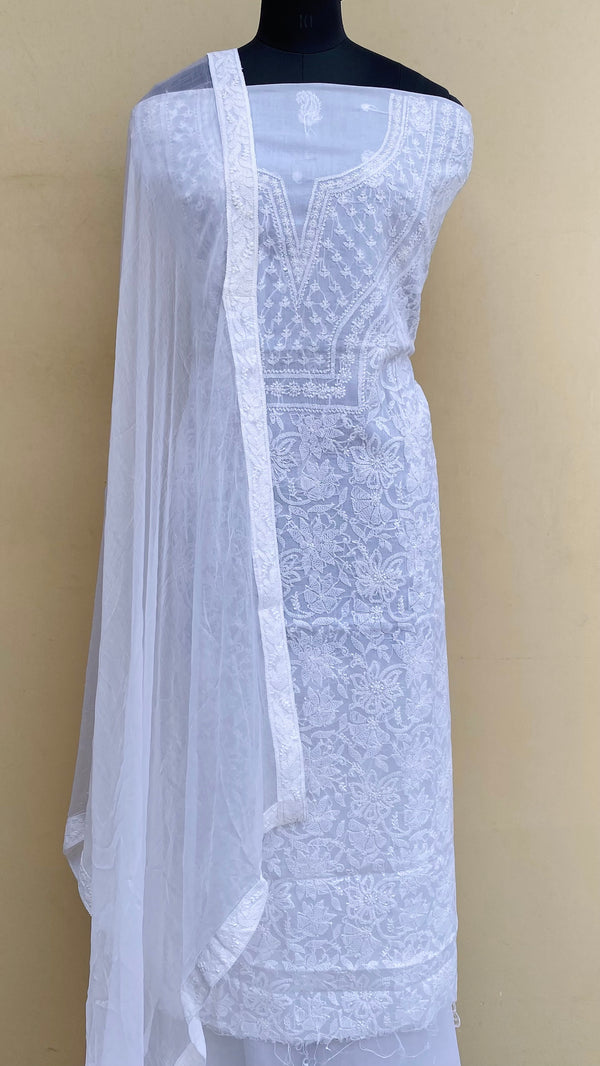 Lucknowi Chikankari Suit Length 3 Piece White Cotton