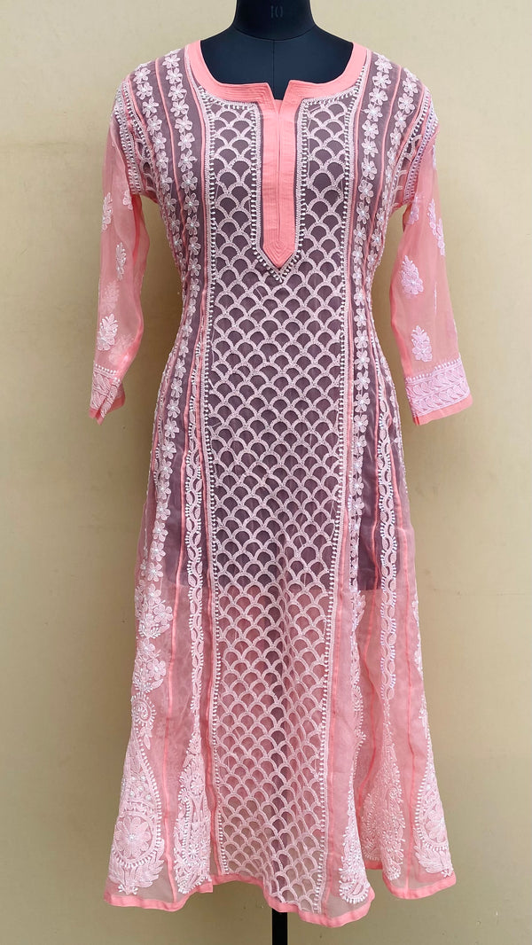 Lucknowi Chikankari Anarkali Kurti Peach Georgette