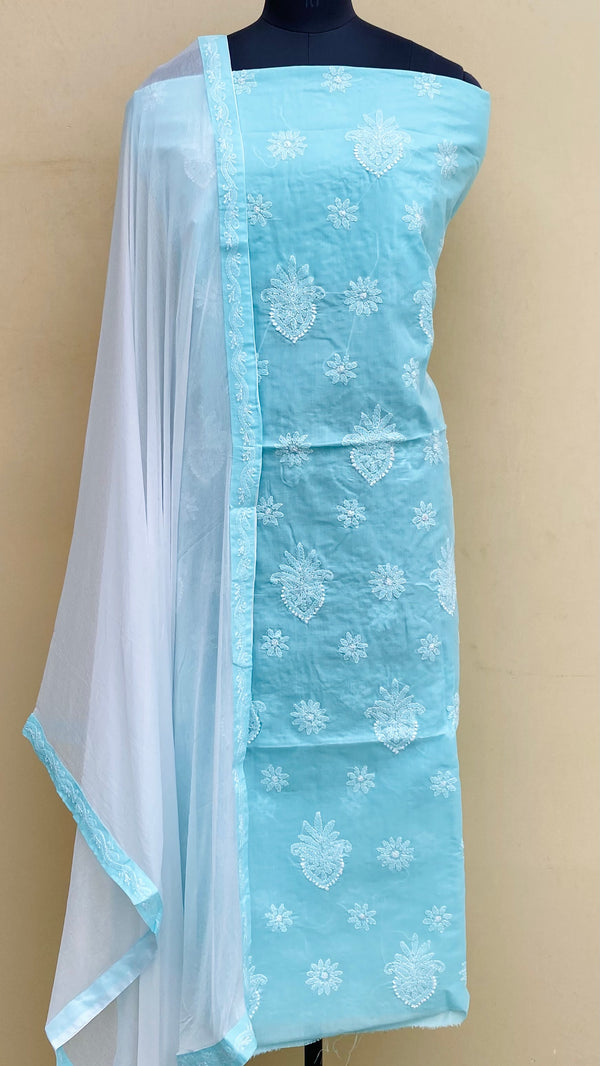 Lucknowi Chikankari Suit Length 3 Piece Blue Cotton