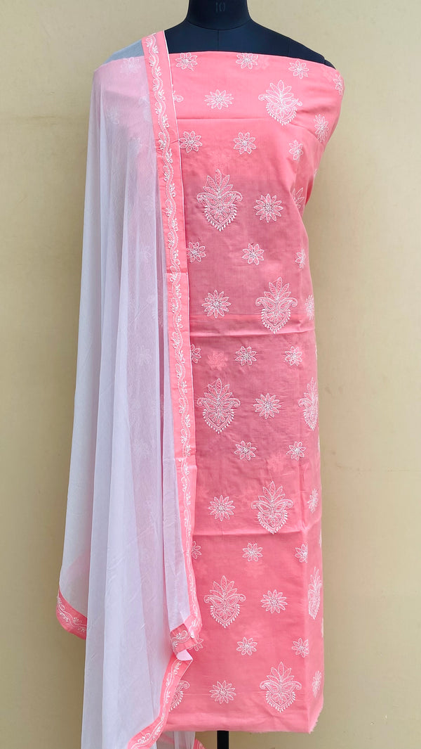 Lucknowi Chikankari Suit Length 3 Piece Pink Cotton