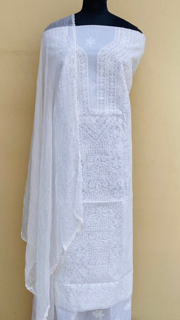 Lucknowi Chikankari Suit Length 3 Piece White Cotton