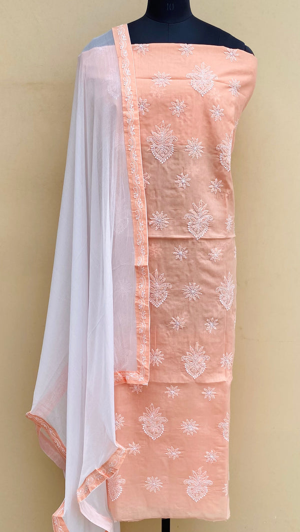 Lucknowi Chikankari Suit Length 3 Piece Peach Cotton