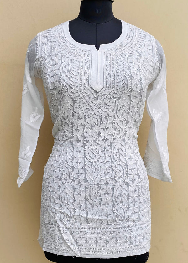 Lucknowi Chikankari Short Kurti White Pure Georgette With Resham Work