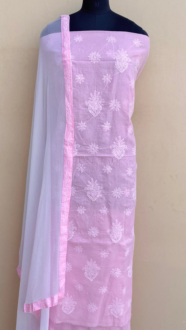 Lucknowi Chikankari Suit Length 3 Piece Pink Cotton