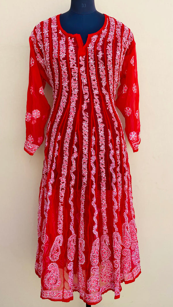 Lucknowi Chikankari Anarkali Kurti Red Georgette