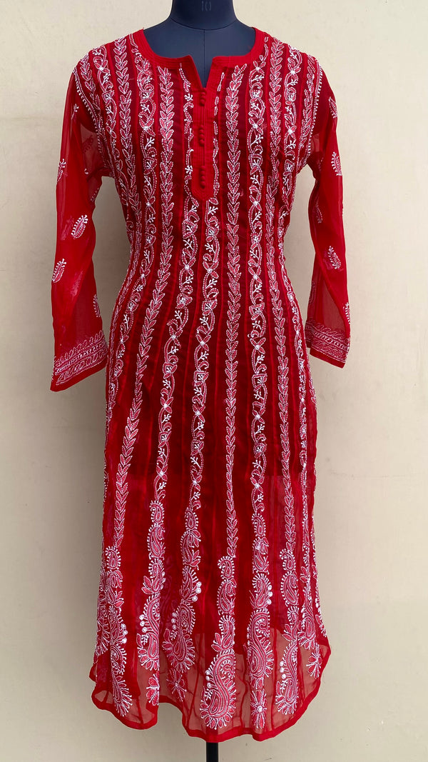 Lucknowi Chikankari Anarkali Kurti Red Georgette With Resham Work