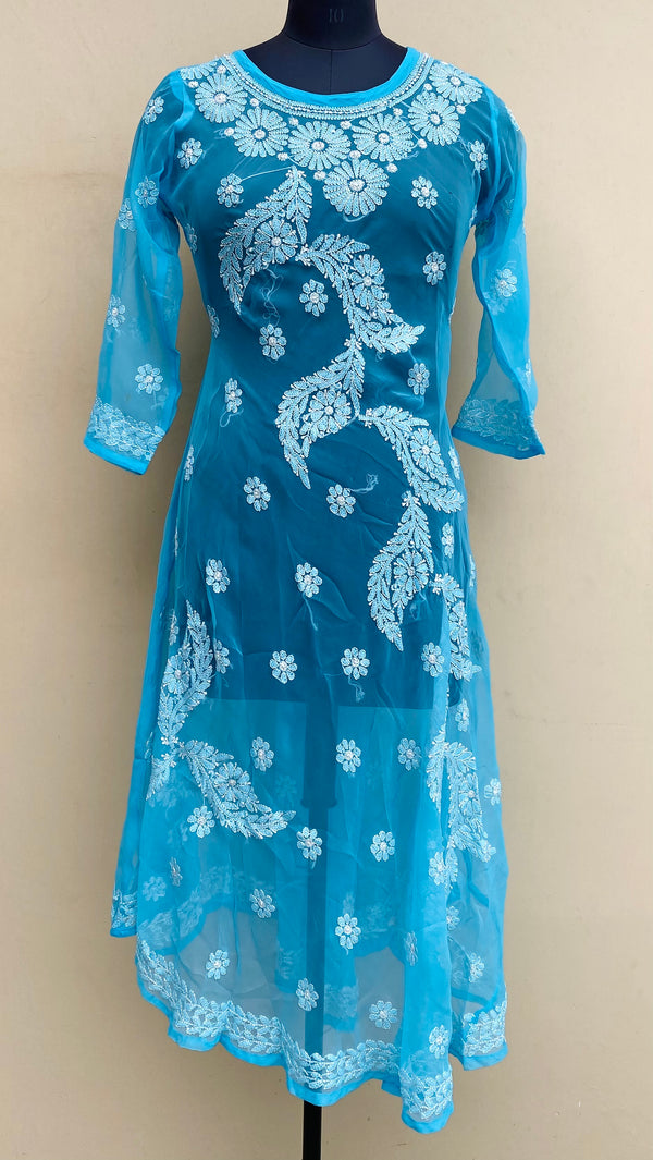 Lucknowi Chikankari Anarkali Kurti Blue Georgette With Resham Work