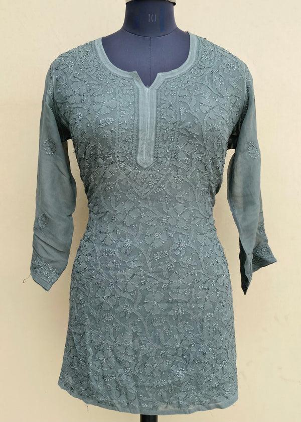 Lucknowi Chikankari Short Kurti Gray Pure Georgette With Resham Work