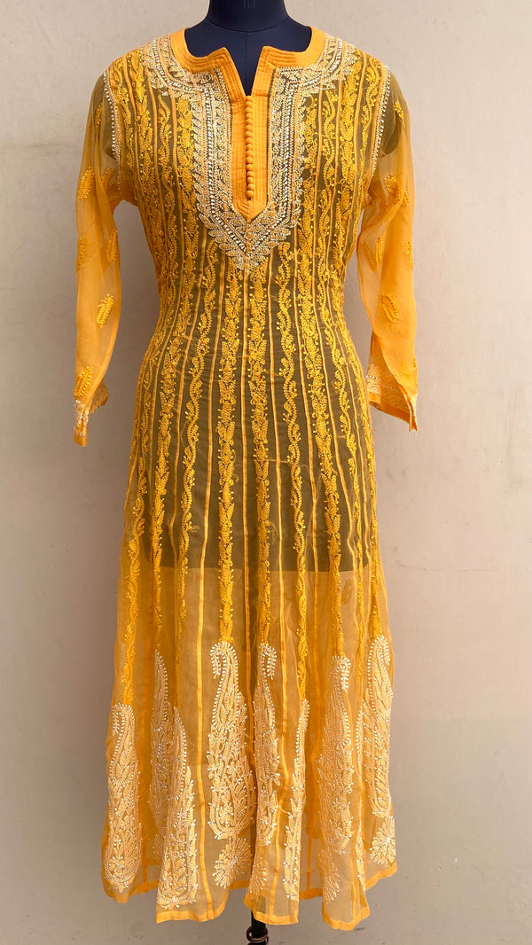 Lucknowi Chikankari Anarkali Kurti Mustard Georgette With Resham Work