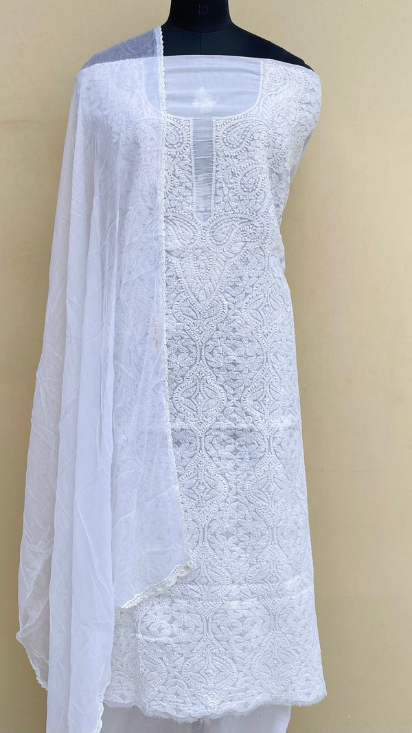 Lucknowi Chikankari Suit Length 3 Piece White Cotton