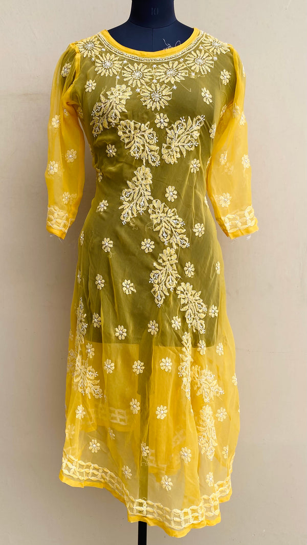 Lucknowi Chikankari Anarkali Kurti Yellow Georgette With Resham Work