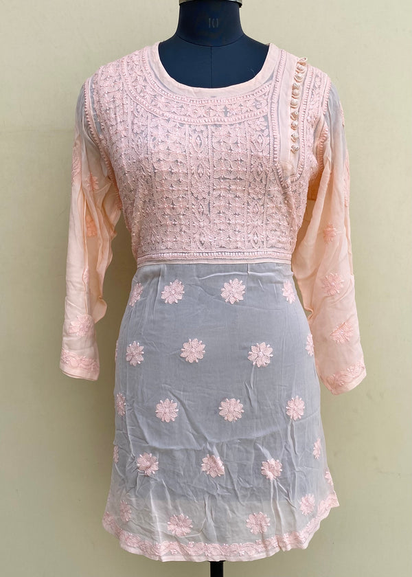 Lucknowi Chikankari Short Kurti Peach Pure Georgette