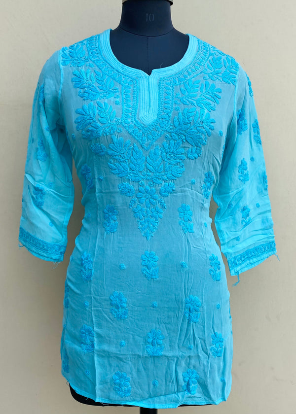 Lucknowi Chikankari Short Kurti Blue Pure Georgette With Self 3D Work