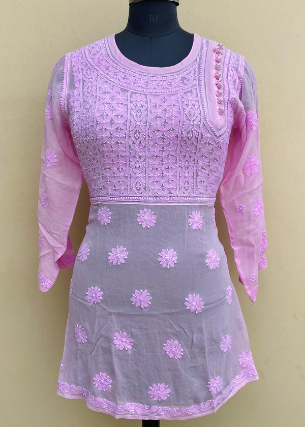 Lucknowi Chikankari Short Kurti Pink Pure Georgette